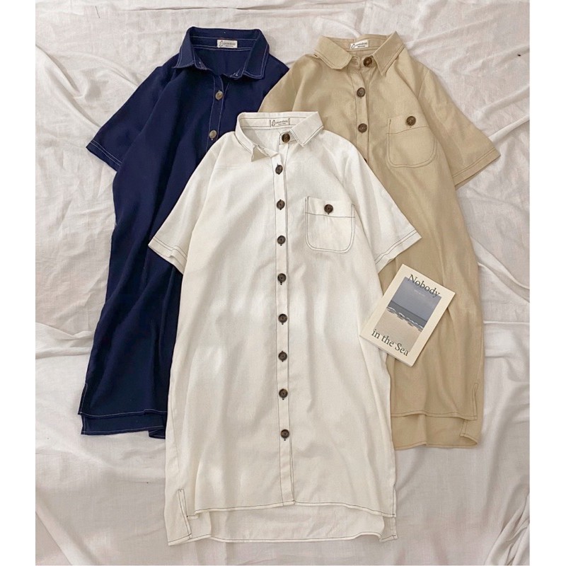 Váy sơ mi trơn viền chỉ nổi 3 màu dáng xuông chất đũi linen / Đầm xuông cổ đức 175 Nhung Nhớ | BigBuy360 - bigbuy360.vn