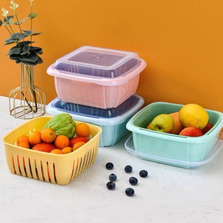 Rổ nhựa đựng rau củ 2 lớp Bộ thau đựng đồ đa năng trong tủ lạnh có nắp đậy Hộp Nhựa Vuông Đựng Hoa Quả