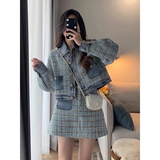 Sét váy dạ kẻ xanh thiết kế cúc ngọc mix chân váy cực xinh