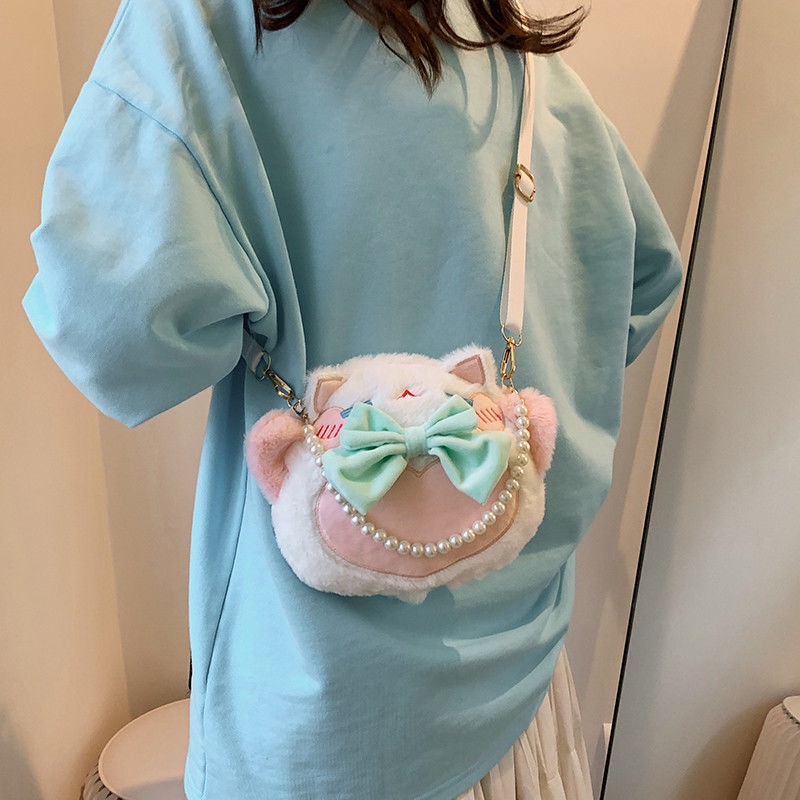 Túi Đeo Chéo Hình Mèo May Mắn Nhồi Bông Dễ Thương Phong Cách Lolita