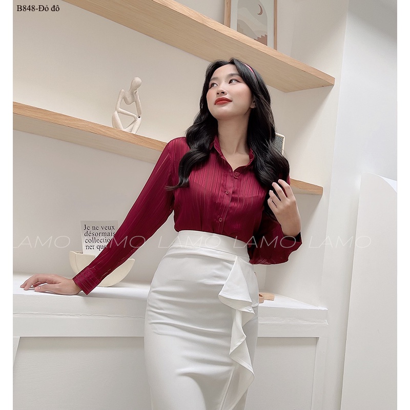 B848-Áo sơ mi tơ ánh kim cao cấp đỏ đô LAMO