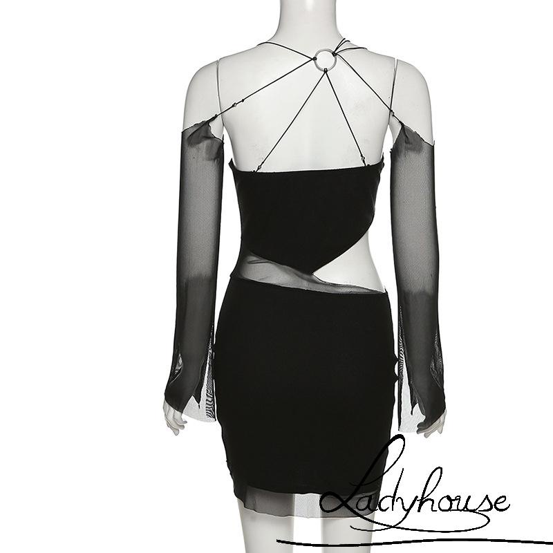 Đầm Ôm Dáng Tay Dài Hở Vai Phối Màu Đen Dành Cho Nữ