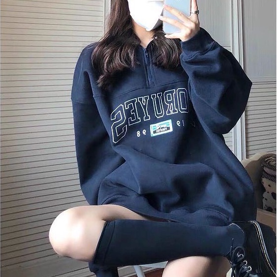 Áo sweater nỉ bông thêu chữ cổ phối màu form rộng tay dài vanmiushop
