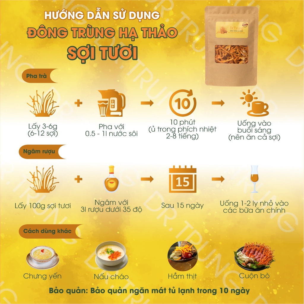 Đông trùng hạ thảo DR. TRUNG (Sợi Tươi - Gói 50 Gram) - (Adenosine &amp; Cordycepin cao) Chỉ giao tại Đà Nẵng