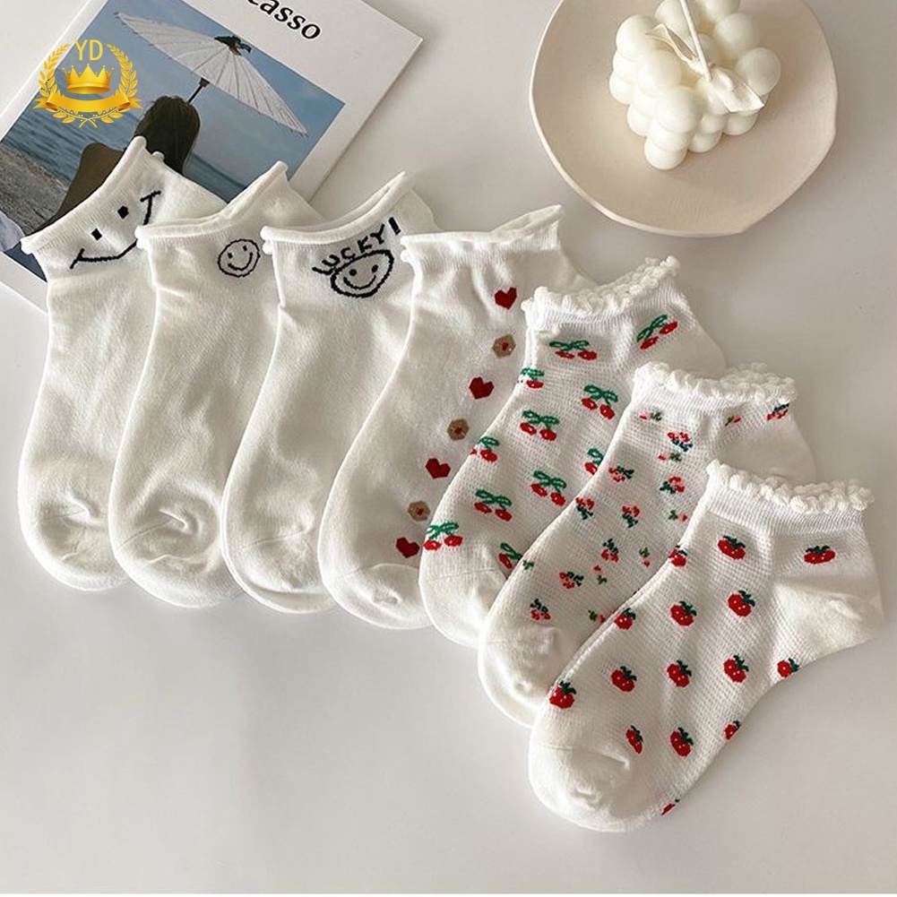 Tất nữ cổ ngắn màu trắng họa tiết xinh xắn phong cách Hàn Quốc HB