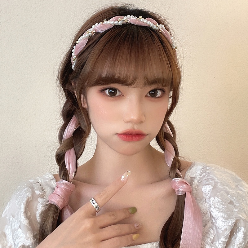 Băng Đô Buộc Tóc Bằng Lụa Đính Ngọc Trai Nhân Tạo Cho Nữ