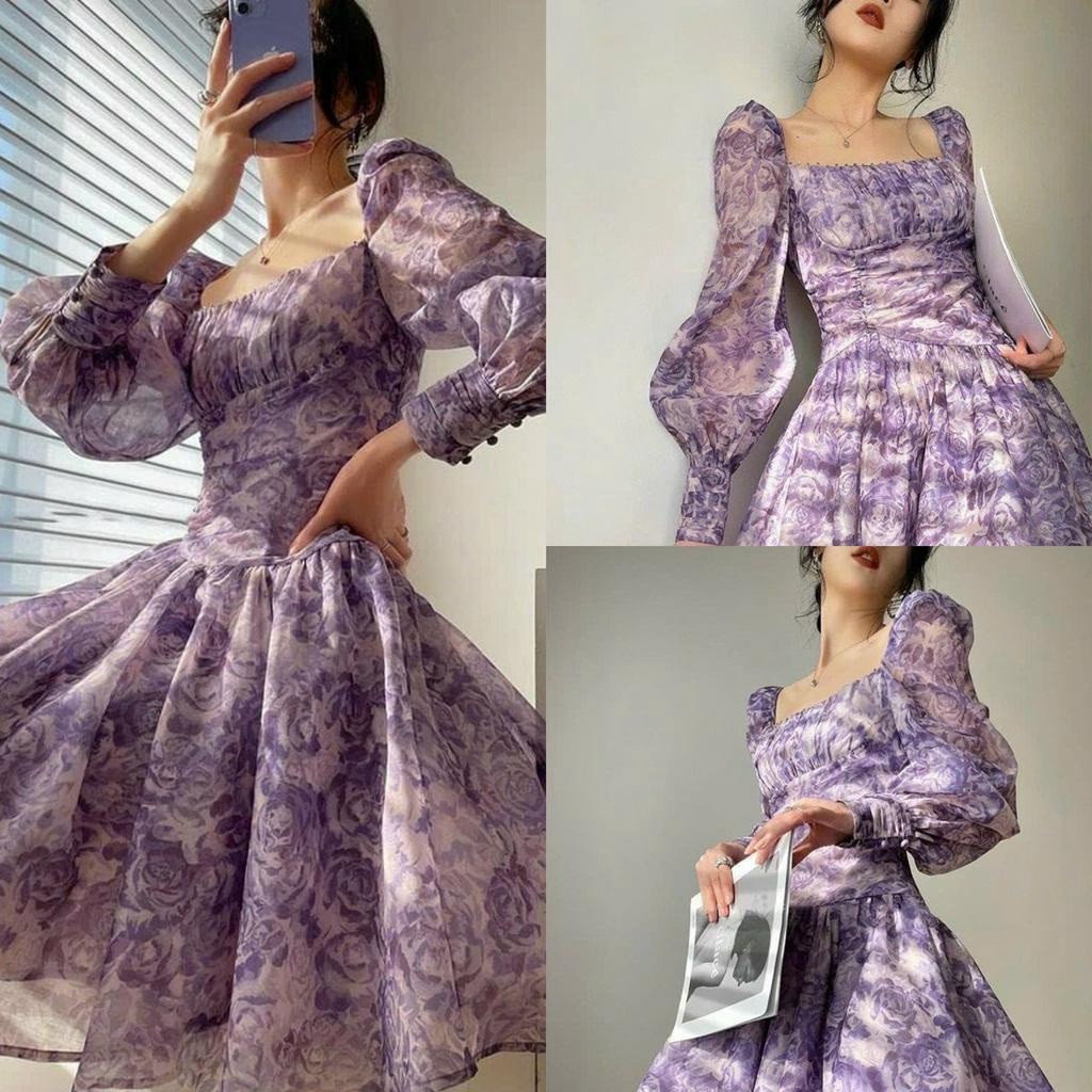 Đầm váy nữ dáng xòe tay dài phối voan sang trọng quý phái họa tiết xếp ly ngực ( có lót ) xinh xắn dự tiệc đi chơi