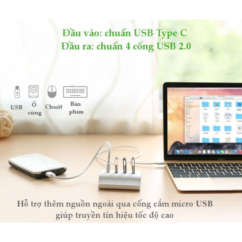 HUB bộ chuyển USB Type-C ra 4 Cổng USB 2.0 (Ugreen 30288 có dây hỗ trợ nguồn dài 50cm) - Hàng Chính Hãng