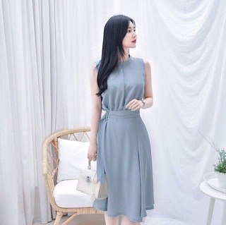 Đầm xám xanh thắt eo (kèm hình thật)