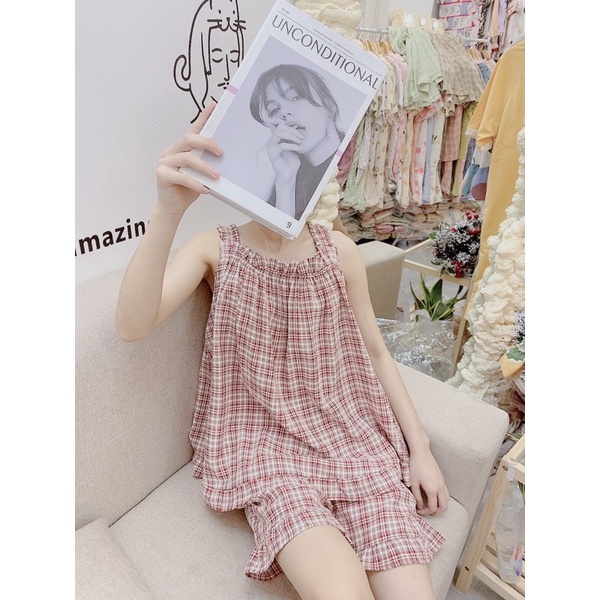 Bộ pijama bộ mặc nhà bộ đũi hai dây chất liệu siêu mát mùa hè bộ ngủ nữ dây hoạ tiết dễ thương