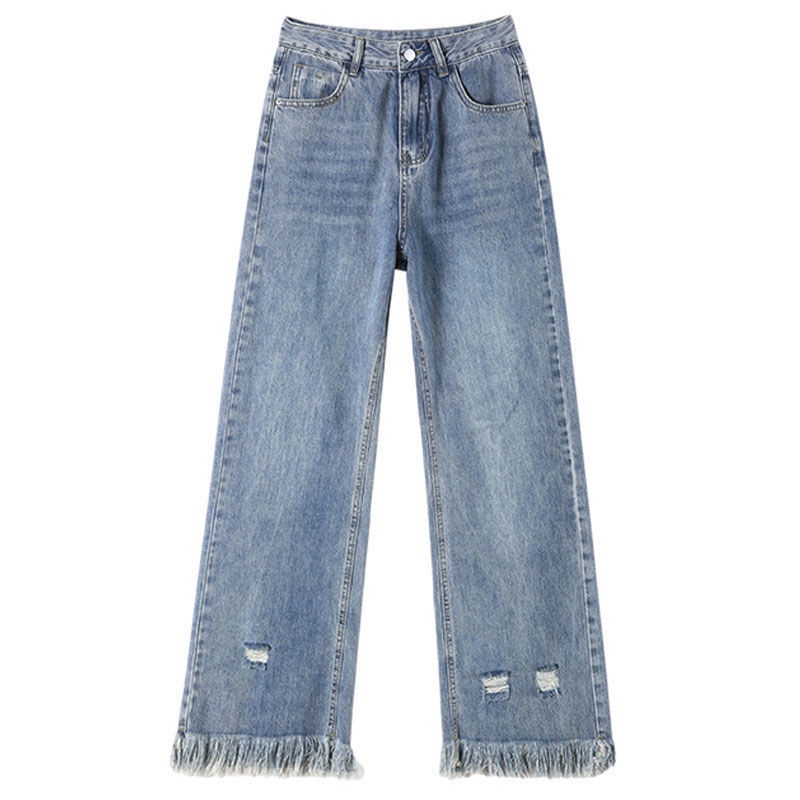 Jiashucheng Quần Jean Nữ Ống Rộng Lưng Cao Phối Tua Rua Phong Cách Harajuku Đường Phố