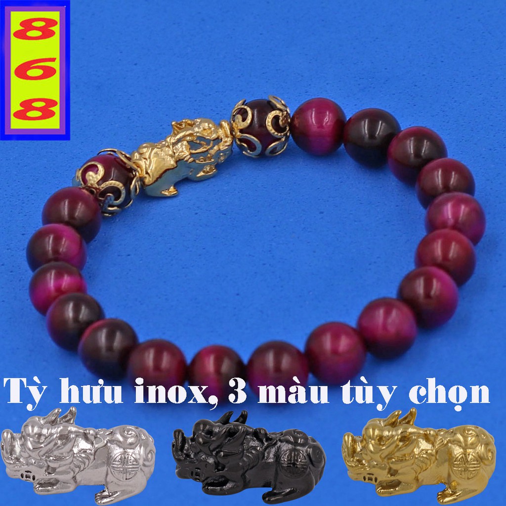 Vòng tay đá mắt hổ Hồng 8 ly 4 khía Mix Tỳ Hưu inox VMHOTHBK8 - Hợp mệnh Hỏa, mệnh Thổ - Phong thủy 868