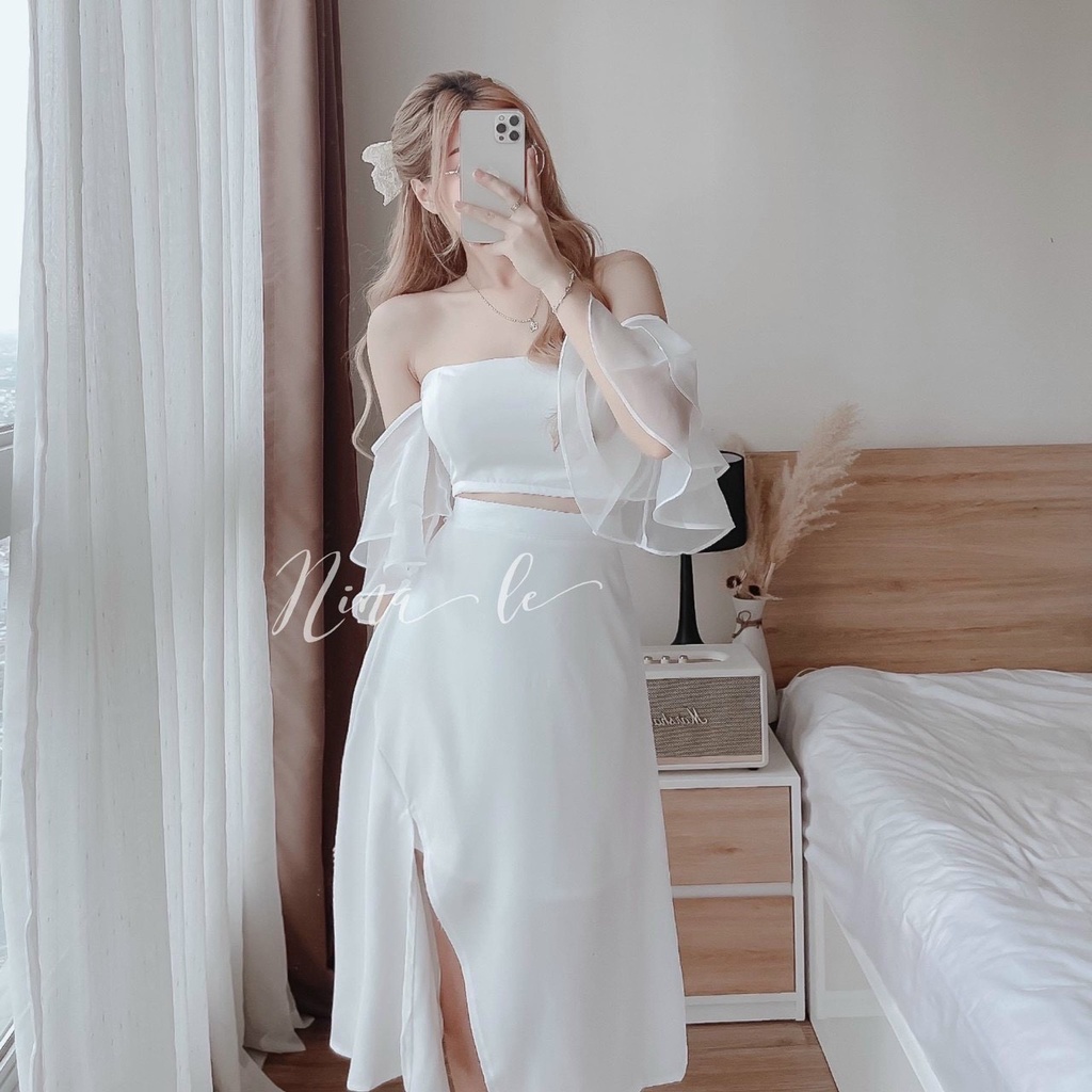 Set Váy Áo Trễ Vai Trắng Cup Ngực Có Mút Tay Phối Voan Tơ Nhũ Mix Chân Váy Trắng Sẻ Tà Dáng Tiểu Thư