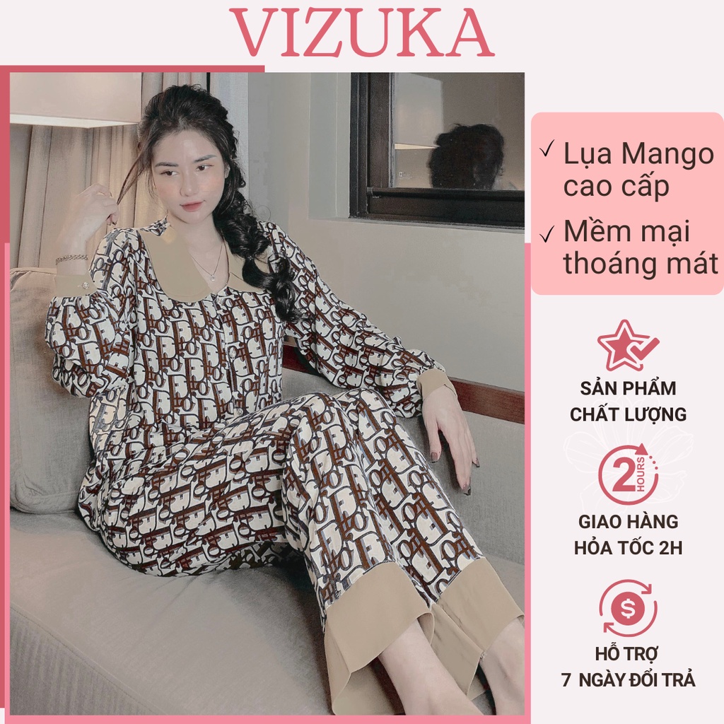 Đồ bộ tay dài nữ pijama lụa mango mặc nhà họa tiết sang chảnh VIZUKA