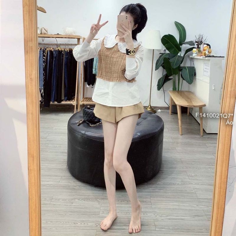 Áo sơ mi trắng phối dạ cổ bèo có khóa kéo sau tay dài!Freesize dưới 55kg