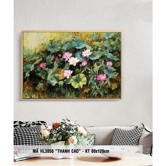 Tranh sơn dầu số hoá tự tô màu DIY hoa sen HL3050 Chưa căng khung