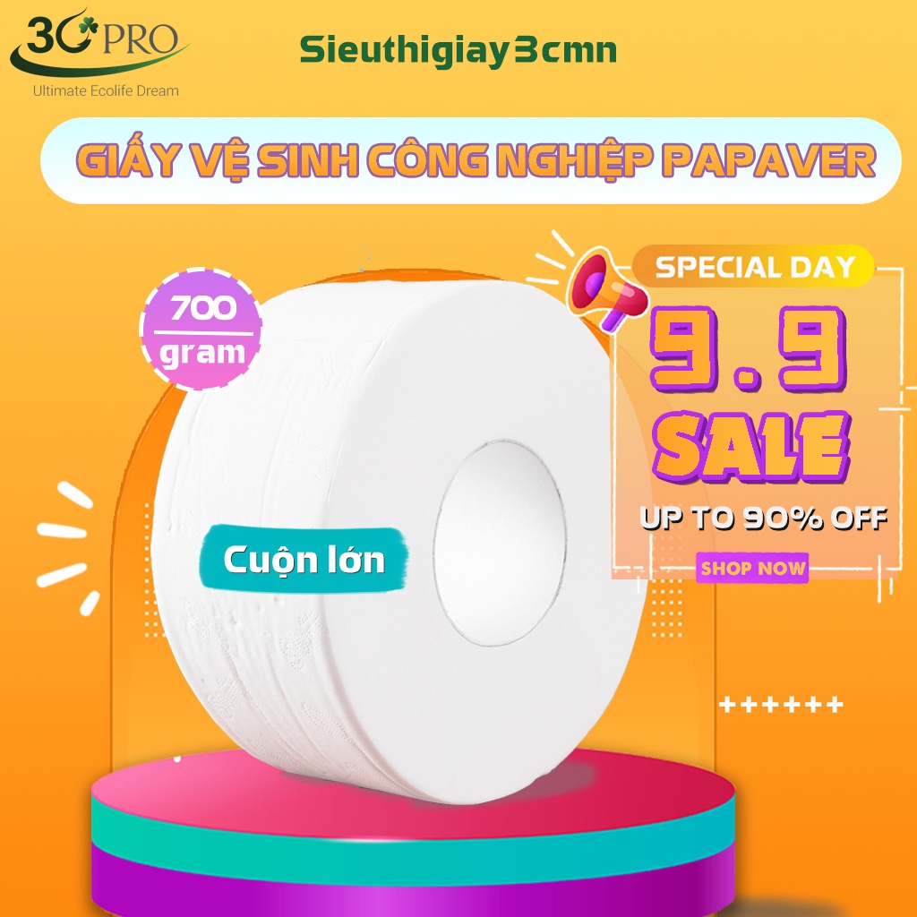 Giấy vệ sinh công nghiệp cuộn lớn Papaver cao cấp 700g, 2 lớp có lõi, siêu dai chính hãng 100% bột giấy nguyên sinh