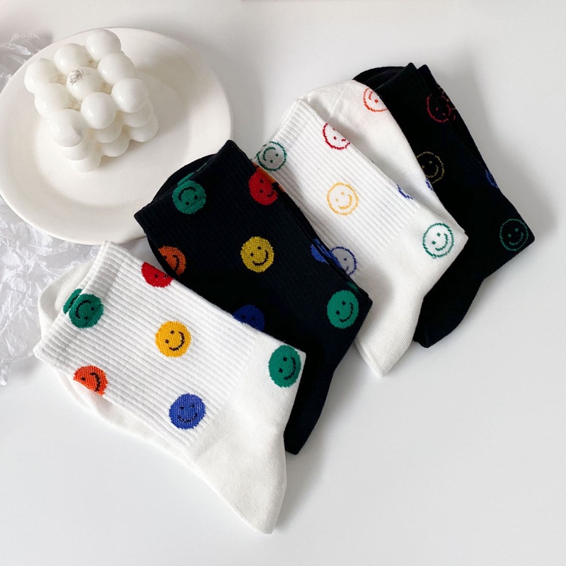 Vớ cotton màu trơn in hình mặt cười dễ thương phong cách Nhật Bản thời trang cho nữ