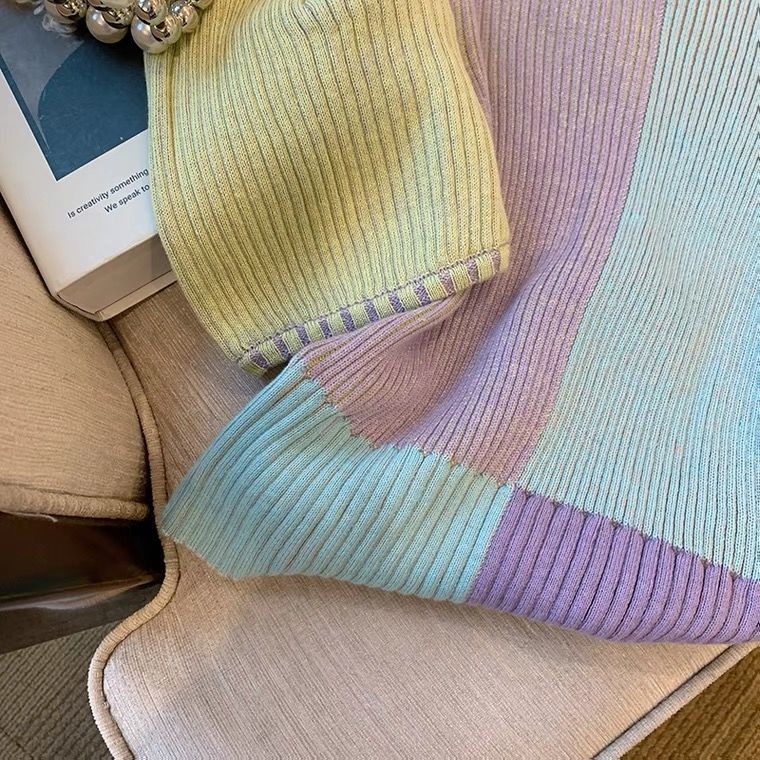 Áo Sweater Dệt Kim Mỏng Tay Phồng Phối Màu Thời Trang Xuân Hè Cho Nữ