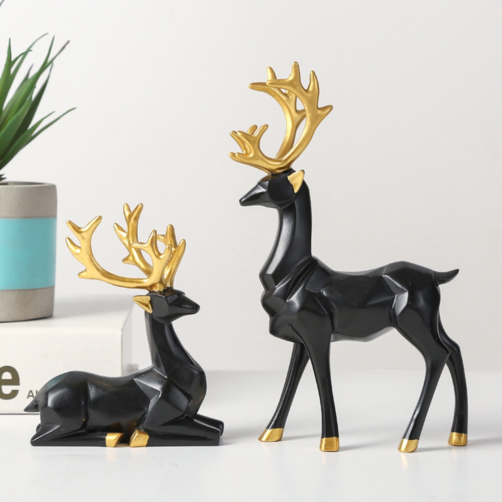 Set 2 mô hình tuần lộc hình học bằng nhựa resin dùng trang trí phòng khách/tủ rượu