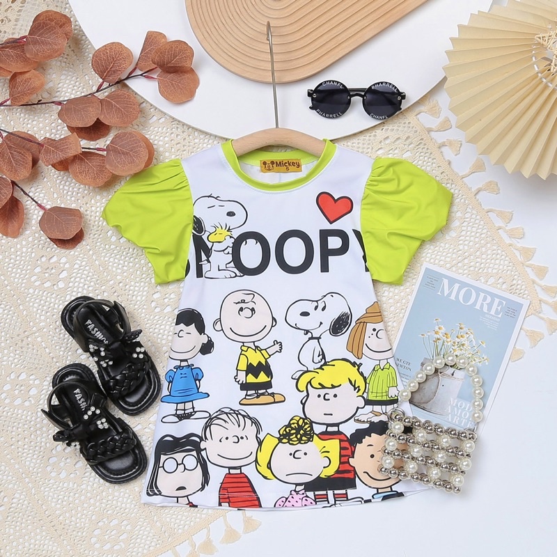 Váy đầm bé gái 3-5 tuổi tay phồng vải 3D thun lạnh in hình Snoopy, elsa Jennie kids J487