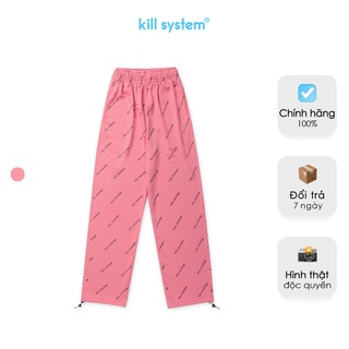 Quần thun dáng suông ống rộng màu hồng Kill System chữ xéo, vải chân cua oversize phong cách unisex
