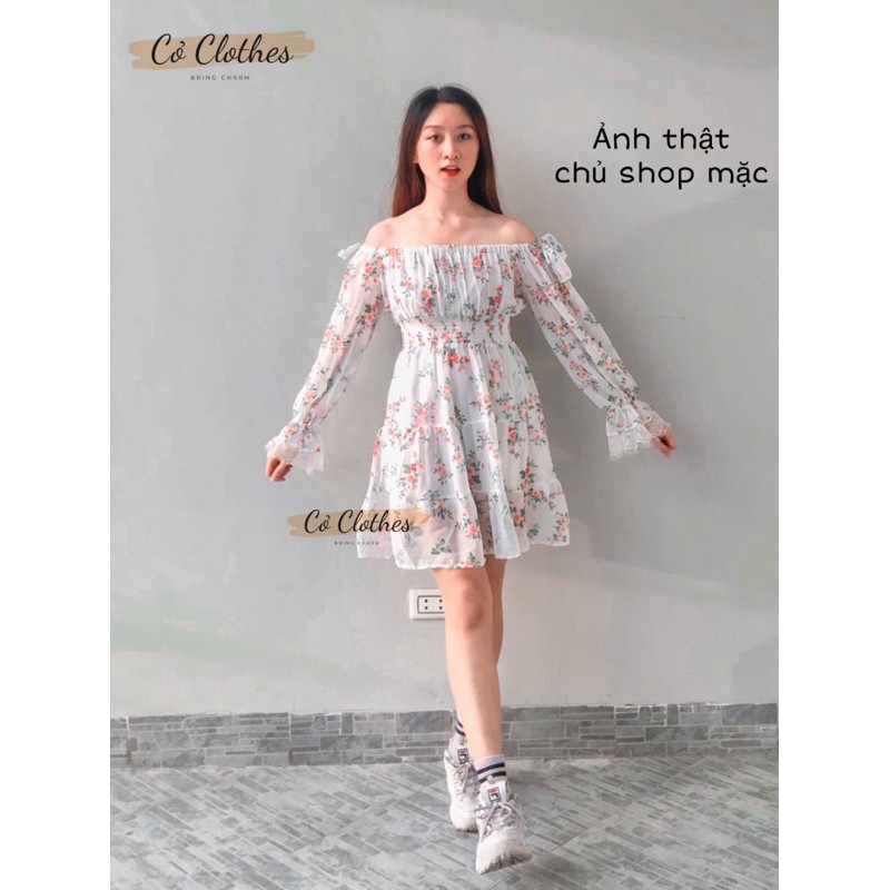 Váy hoa trễ vai chiffon Ulzzang, đầm trễ vai dáng xòe - Cỏ Clothes