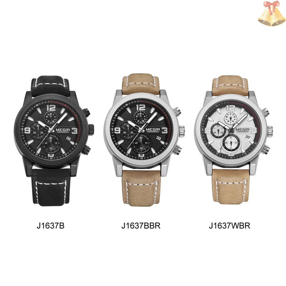 ONE MEGIR Classic Well Made Soft Genuine Leather Analog Quartz Wristwatch 3ATM Water Resistant Man Watch with Sub-dial