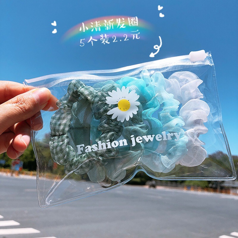 Set 5 Dây Buộc Tóc Scrunchies Túi Zip Hoa Cúc