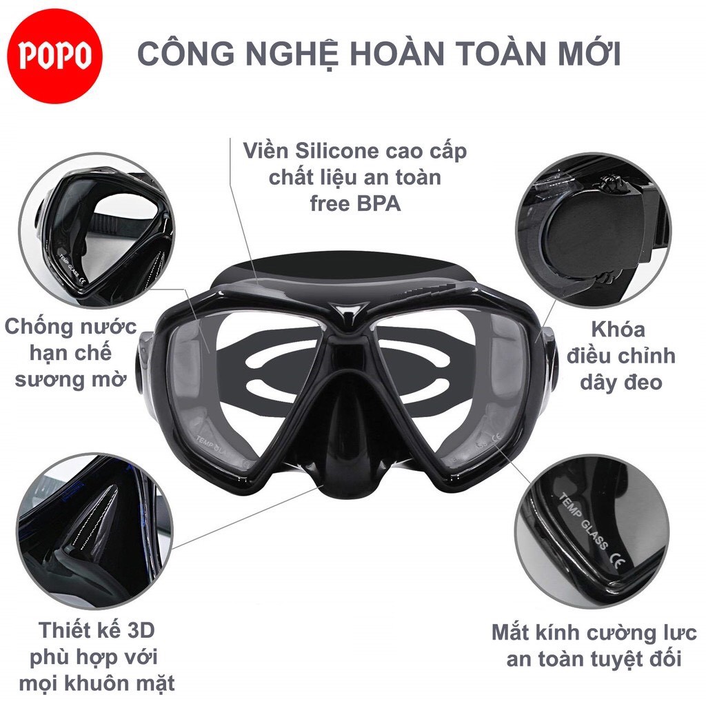 Kính lặn ống thở lặn biển POPO TUO mặt nạ lặn biển mắt kính cường lưc dùng đi lặn biển an toàn, ống thở van 1 chiều