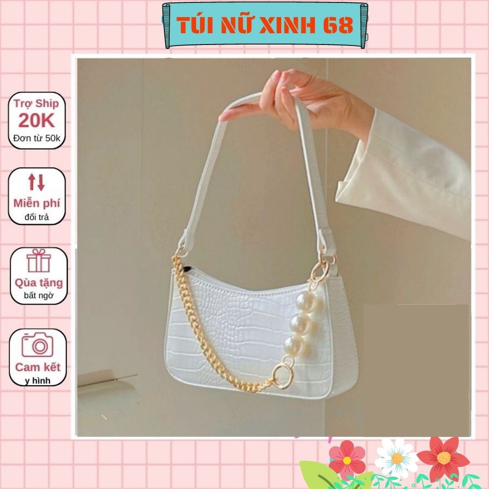 Túi kẹp nách, túi xách nữ đeo vai đi chơi giá rẻ da cá sấu dây phối xích ngọc Tuinuxinh68 533