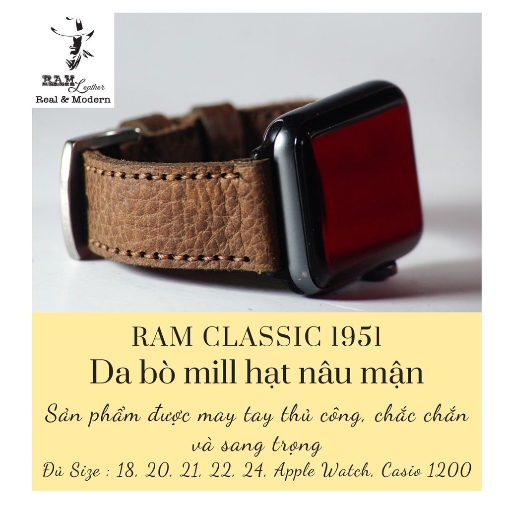 Dây đồng hồ RAM Leather vintage 1951 da bò thật nâu hạt
