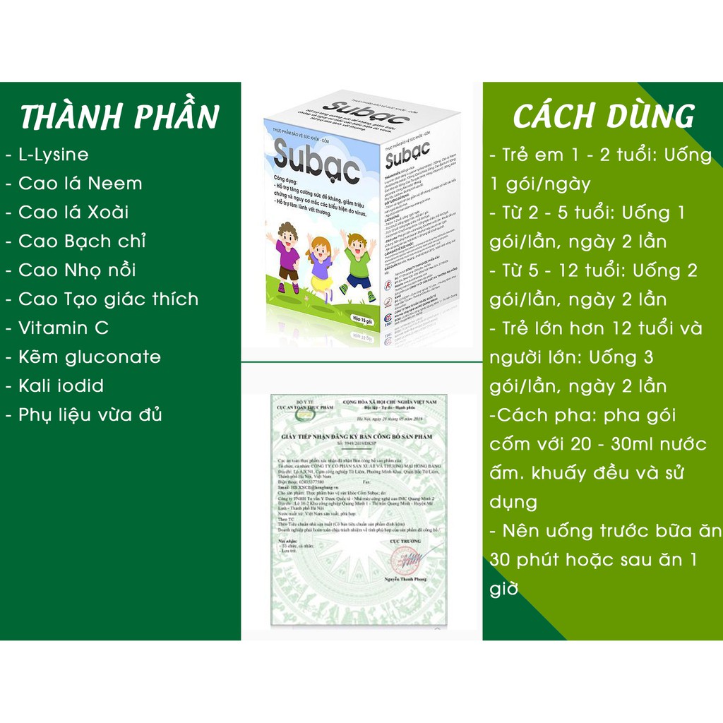 Cốm Subạc - Hỗ trợ tăng cường sức đề kháng, giảm triệu chứng và nguy cơ mắc các biểu hiện do virus