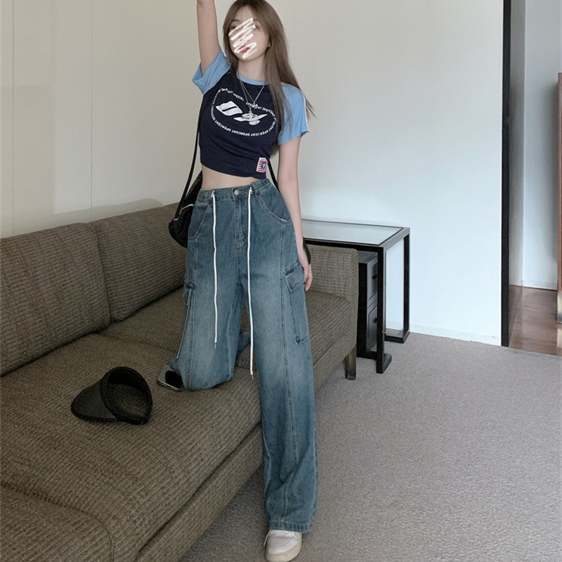Quần Jean Lưng Cao Ống Suông Rộng Thời Trang Retro Hiphop Cá Tính