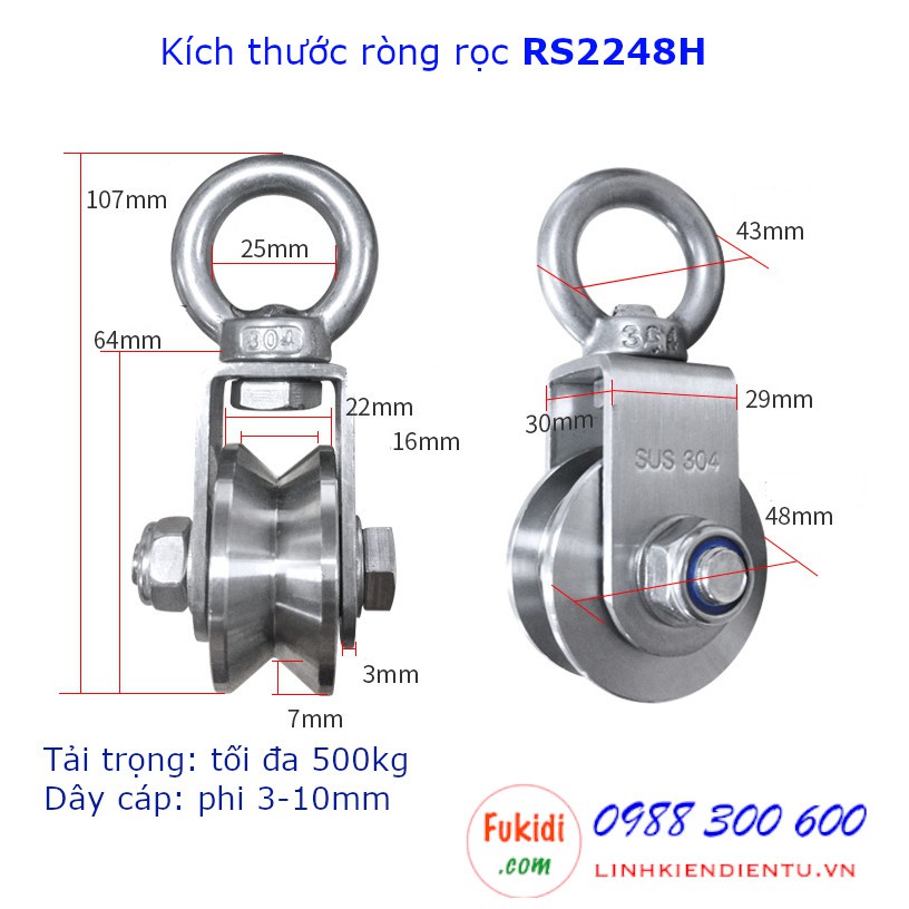 Ròng rọc inox 304 bánh xe bi 22x48mm dài 107mm tải trọng 500kg - RS2248MU, RS2248MV
