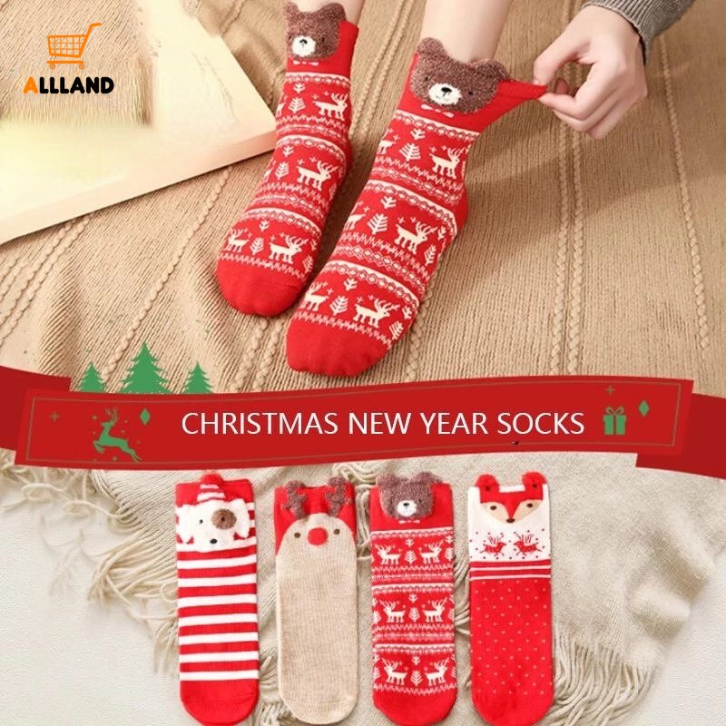 1 Đôi Vớ Cotton Cổ Vừa In Họa Tiết Hoạt Hình Phong Cách Giáng Sinh Thời Trang Thu Đông