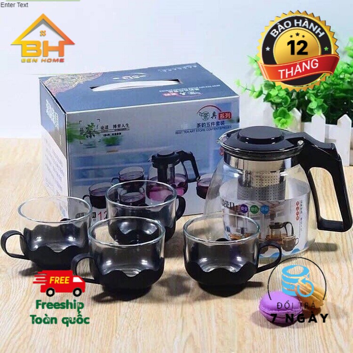 Bộ bình lọc, pha trà thủy tinh kèm 4 ly, dung tích lớn 700ml
