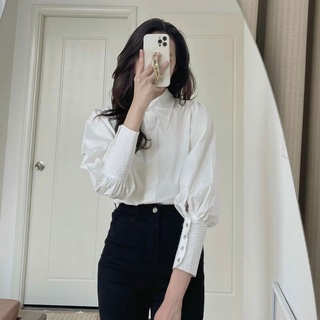 Áo sơ mi trắng tay dài cổ nhọn kiểu basic Hàn Quốc