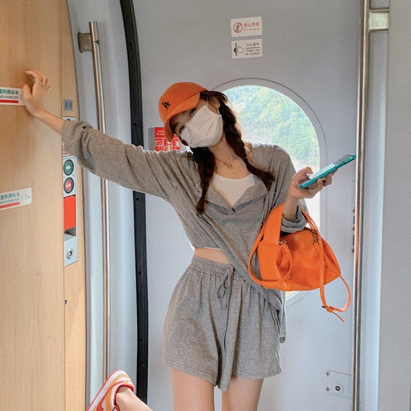 Set Áo Hoodie Dài Tay + Quần ngắn ống rộng Chất Liệu cotton Thiết Kế Mỏng Kiểu Dáng Mới Thời Trang Dành Cho Nữ