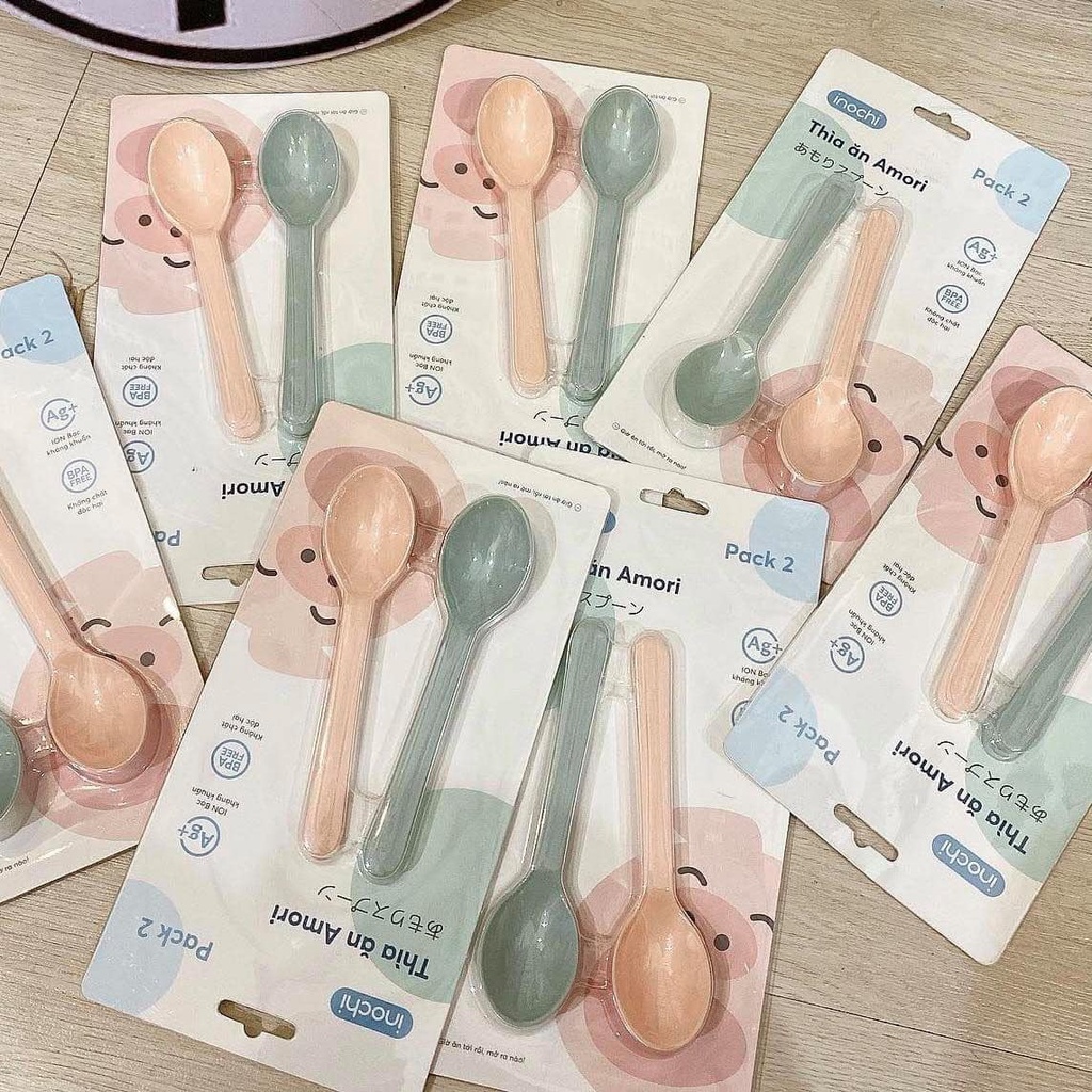 Set 2 thìa ăn dặm cao cấp Amori Inochi cho bé, thìa ăn dặm bằng nhựa kháng khuẩn cực an toàn cho bé