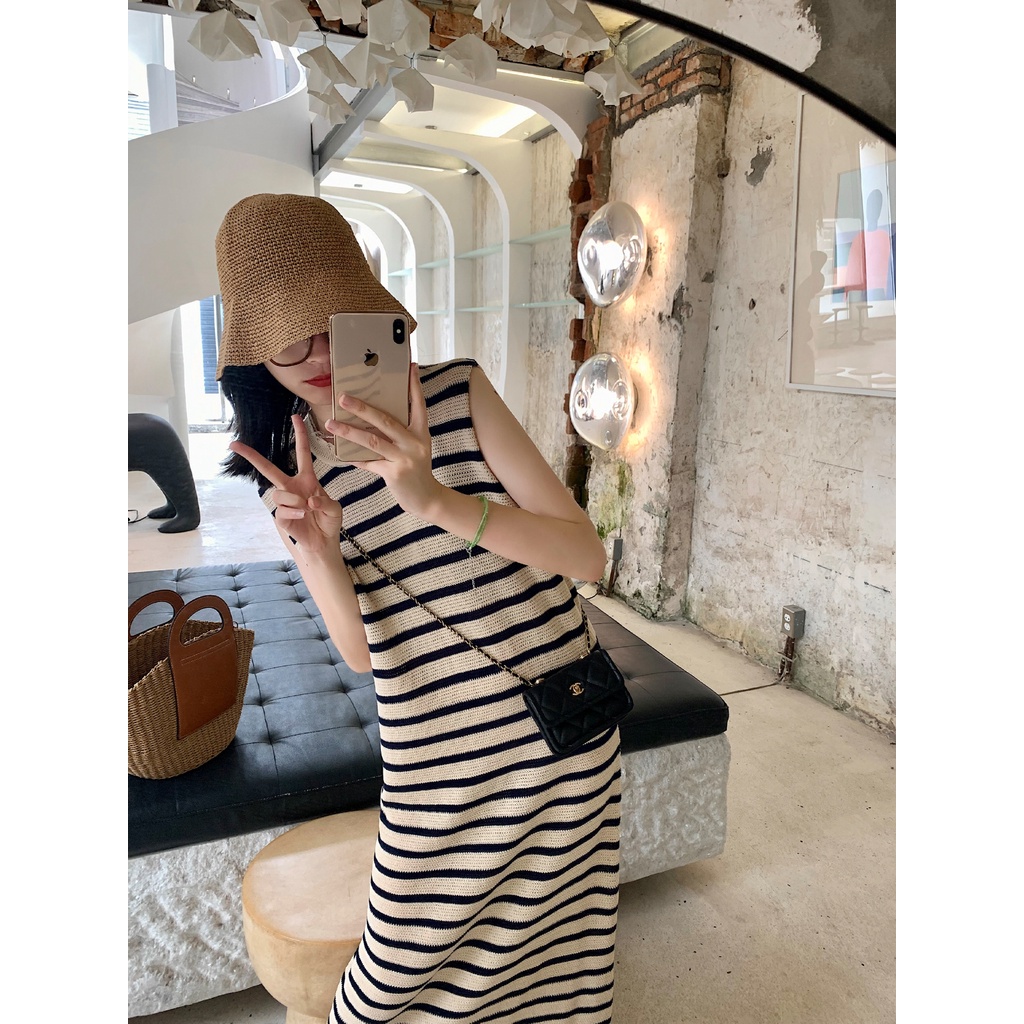 Đầm ZHELIHANGFEI dệt kim sát nách dáng dài kẻ sọc cá tính thời trang xinh xắn cho nữ