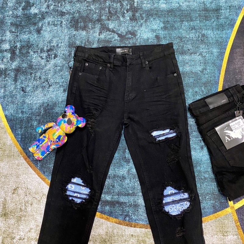 Quần jean nam vá nhăn màu xanh,Quần bò vá nhăn gối amiri rách xước dáng slimfit