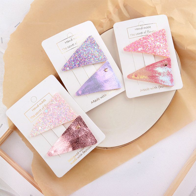 Set 2 Kẹp Tóc Da Giả Đính Kim Sa Lấp Lánh Cho Bé Gái