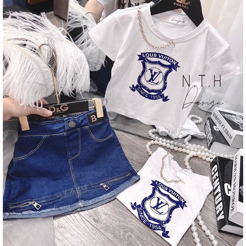 SET VÁY THIẾT KẾ NTH ÁO THUN ĐƠN GIẢN PHỐI CHÂN VÁY JEANS CÁ TÍNH NĂNG ĐỘNG CHO GÁI CƯNG XUỐNG PHỐ SIZE 8-22KG