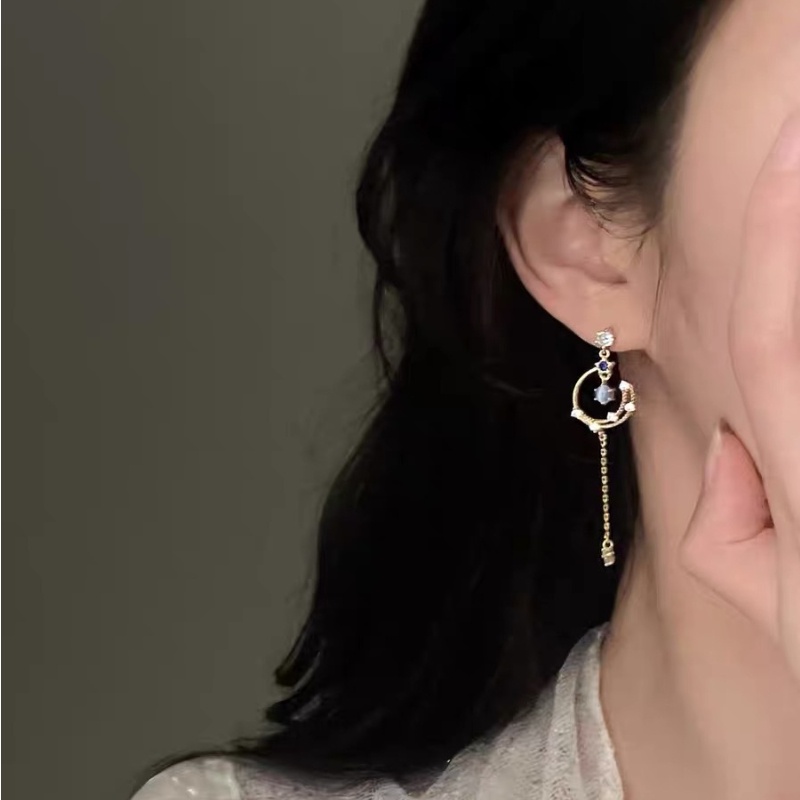 Bông tai mặt trăng, bông tai dài bất đối xứng thanh lịch, bông tai kim bạc Hàn Quốc, thời trang cao cấp với bông tai nữ tính