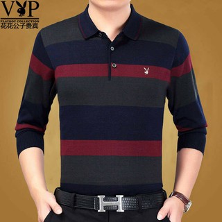 Áo thun nam tay dài in hoạ tiết Playboy kẻ sọc cho người trung niên