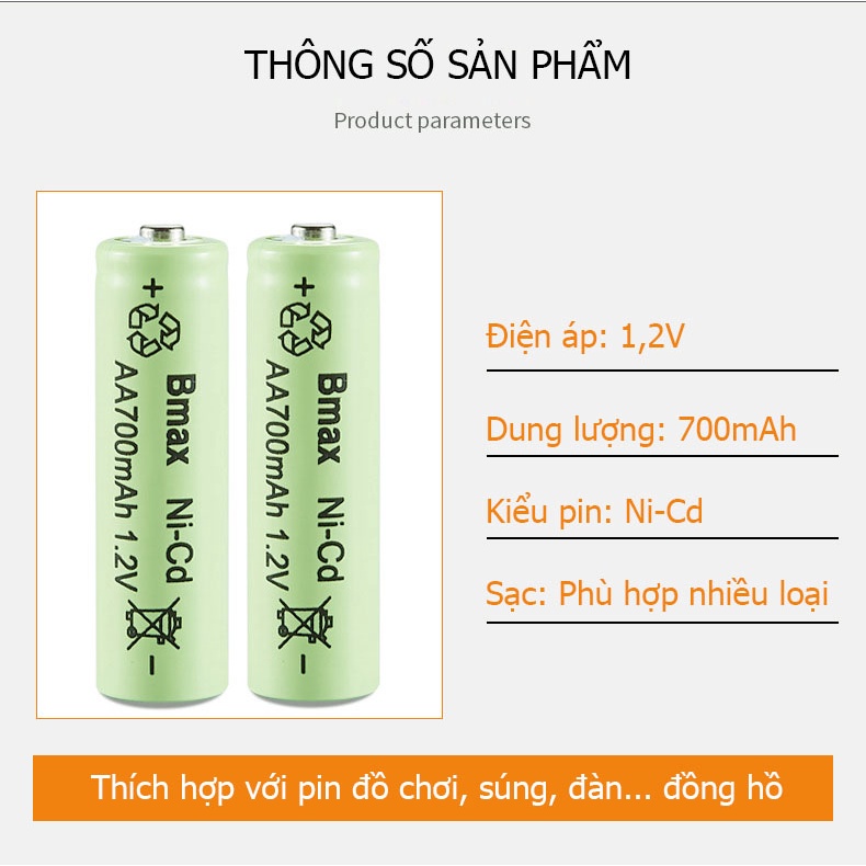 Pin tiểu AA sạc lại Ni-Cd 700mAh dành cho đồ chơi, đồng hồ, phụ kiện