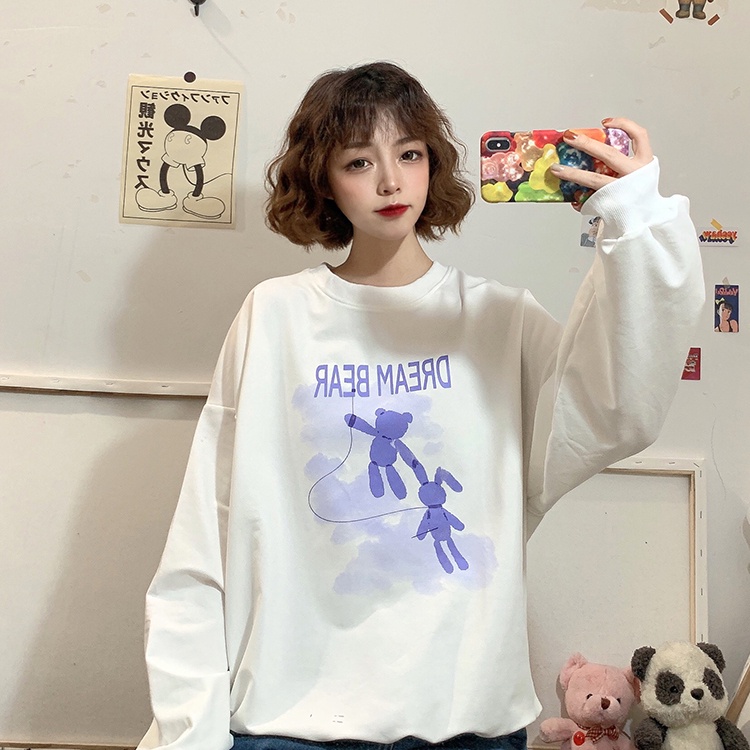 ZHELIHANGFEI Áo Sweater Dáng Rộng Họa Tiết Gấu Hoạt Hình Xinh Xắn