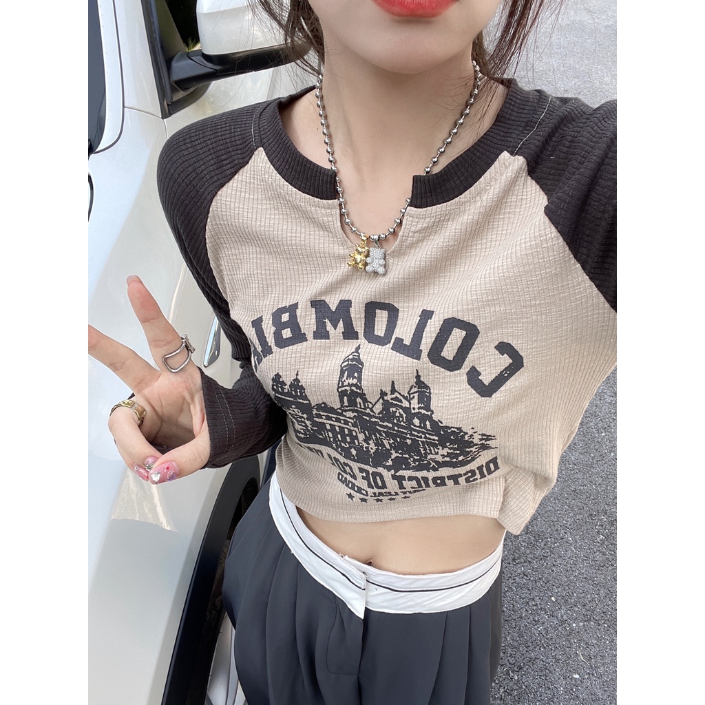 Áo Thun Tay Dài Dáng Ngắn Màu Sắc Tương Phản Phong Cách Retro Dành Cho Nữ