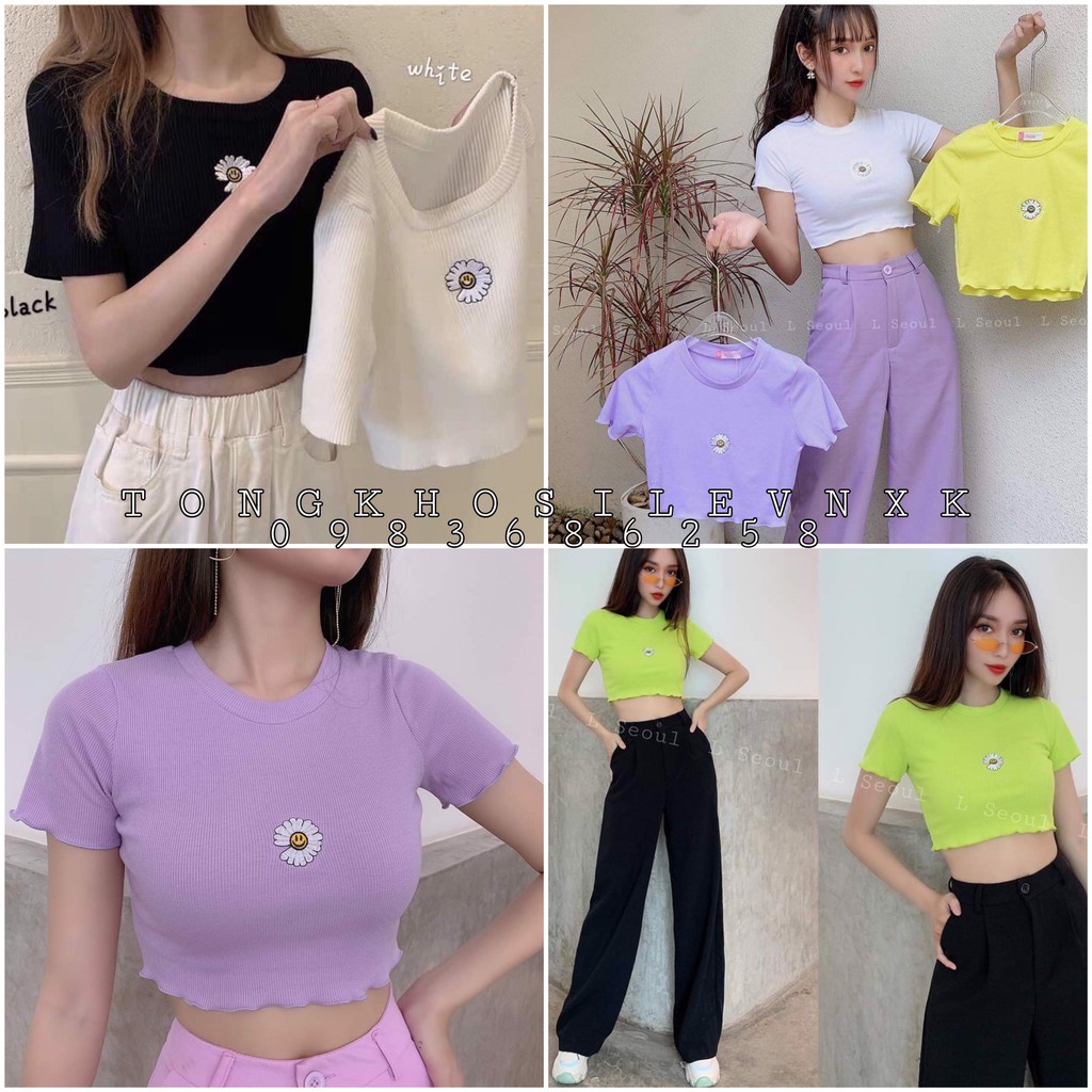 ÁO CROPTOP HOA HƯỚNG DƯƠNG MẶT CƯỜI 4 màu hot - ÁO THUN BODY KIỂU TÍM XANH NEON ĐEN TRẮNG